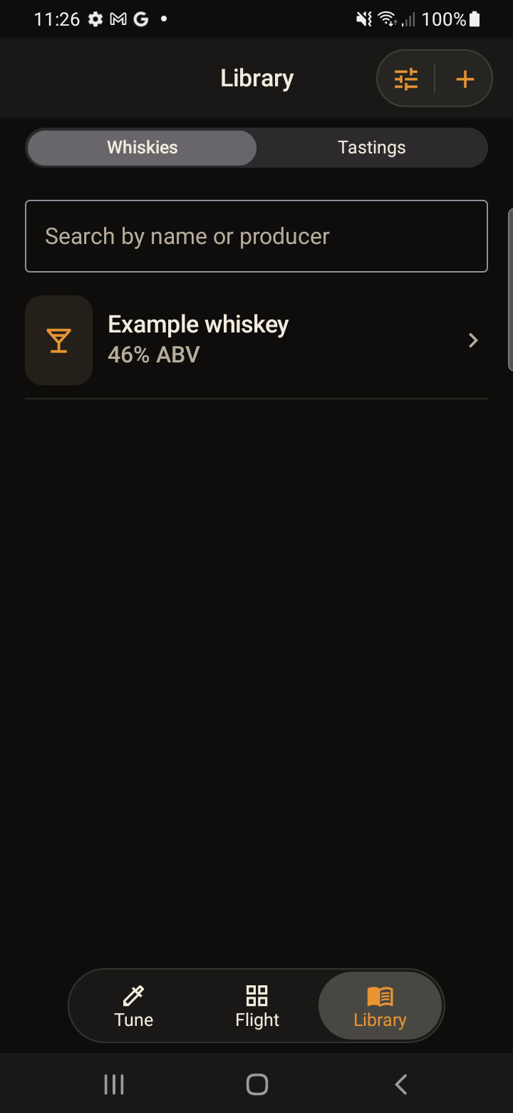 Saved whiskey library on Android showing an example whiskey at 46% ABV, bottle search and Whiskies and Tastings tabs.
