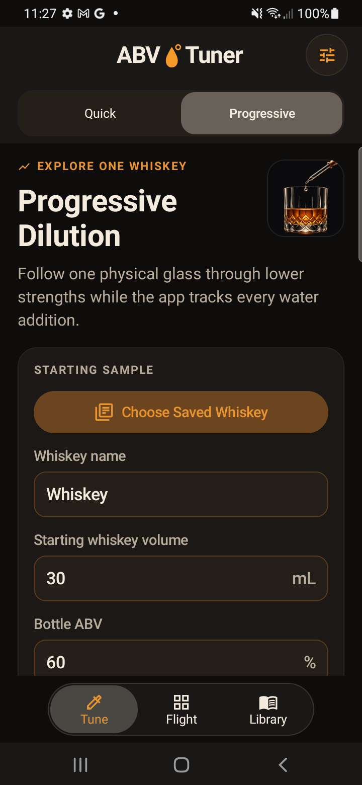 Progressive Dilution on Android showing a named whiskey, starting pour volume and bottle ABV.
