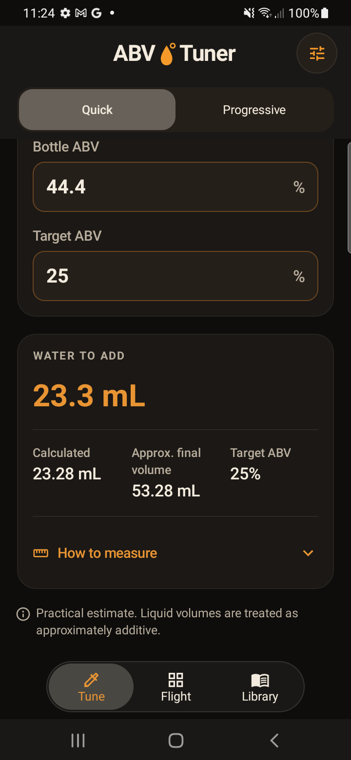 Quick Dilution on Android showing water to add, the calculated result, approximate final volume and expandable How to measure guidance.
