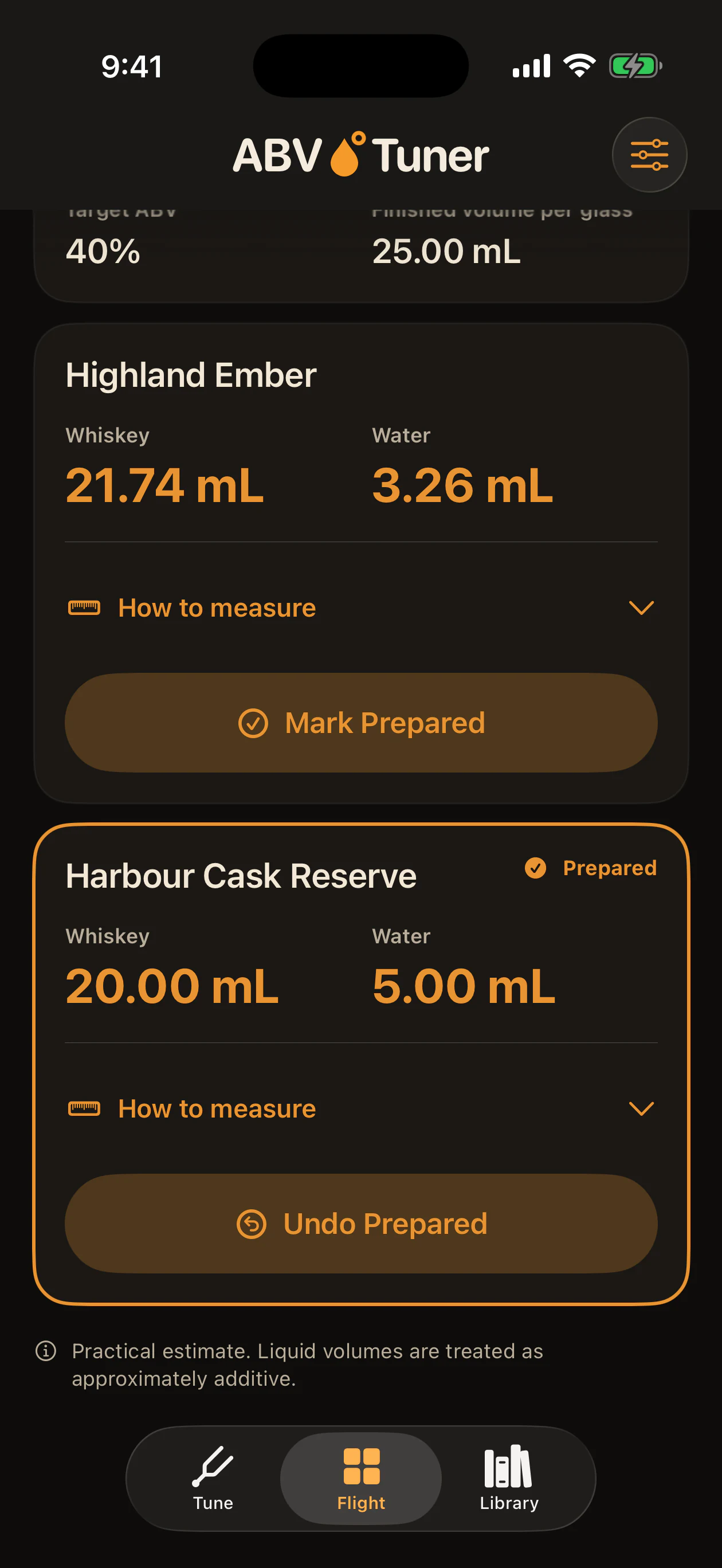 Flight Equaliser on iPhone showing Highland Ember and Harbour Cask Reserve prepared to a shared 40% target, with separate whiskey and water amounts for each glass.